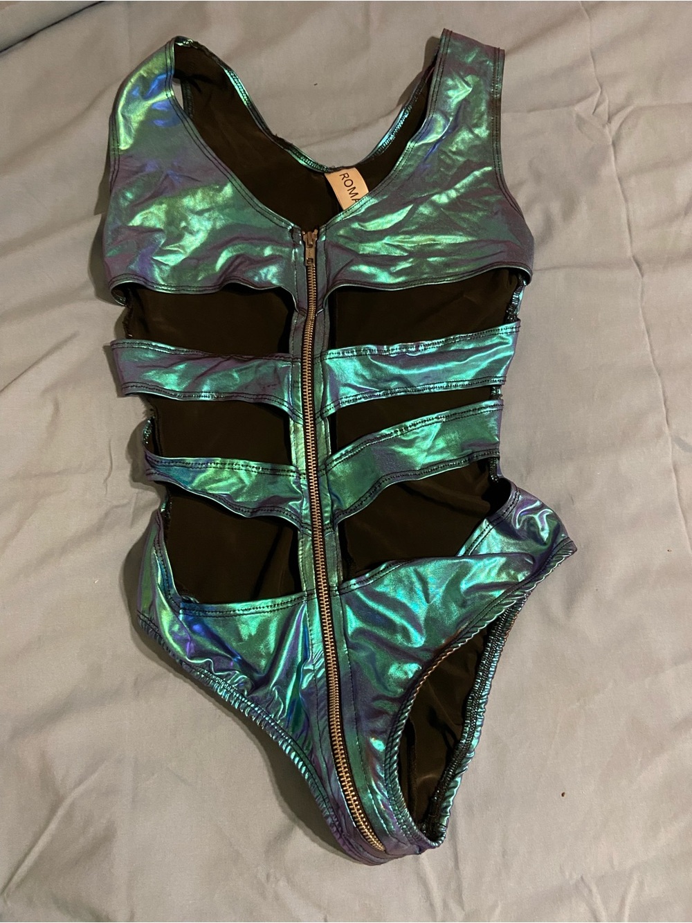 Holographic Iridescent Cutout One-Piece Swimsuit/body suit with Front Zip